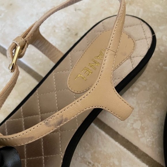 Chanel black beige camellia T-strap sandals 38C - Picture 5 of 8